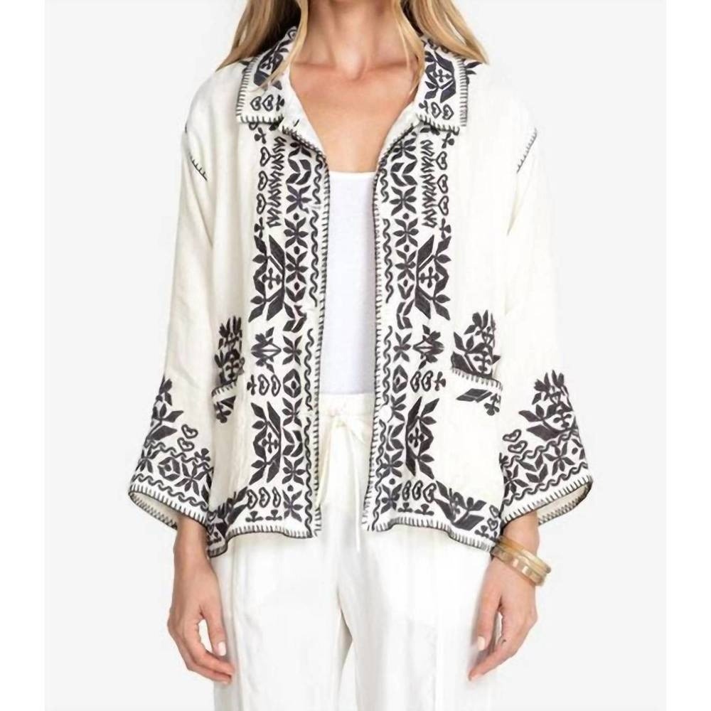 JOHNNY WAS Canterbury Linen Jacket White‎ Embroidered Floral Large